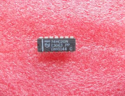74HC20N Dual 4-input NAND gate - Description: Dual 4-Input NAND Gate <br/> Logic switching levels: CMOS <br/> Number of pins: 14 <br/> Output drive capability: +/- 5.2 mA <br/> Power dissipation considerations: Low Power or Battery Applications <br/> Propagation delay: 8@5V ns<br/> Voltage: 2.0-6.0 V