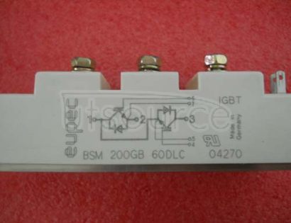 BSM200GB60DLC IGBT Modules up to 600V Dual<br/> Package: AG-34MM-1<br/> IC max: 200.0 A<br/> VCEsat typ: 1.95 V<br/> Configuration: Dual Modules<br/> Technology: IGBT2 Low Loss <br/> Housing: 34 mm<br/>