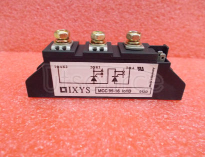 MCC95-16IO1B The MCC95-16IO1B is a 3-pin Dual Thyristor Module with planar passivated chip. Long-term stability, direct copper bonded Al2O3-ceramic and thyristor for line frequency. Soldering pins for PCB mounting. DCB ceramic base plate.