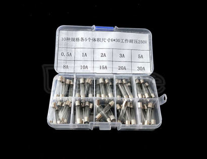 6*30MM 250V 0.5A-30A Glass Tube Fuse Package, Sample Box, 10 kinds each 5 pcs Total 50pcs