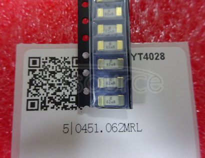 0451.062MRL FUSE, SMD QUICK BLOW 62MAFUSE, SMD QUICK BLOW 62MA<br/> Current, fuse rating:62mA<br/> Case style:SMD<br/> Voltage rating, AC:125V<br/> Approval Bodies:UL, CSA<br/> Current, breaking capacity AC:50A<br/> Current, breaking capacity DC:300A<br/> Depth,
