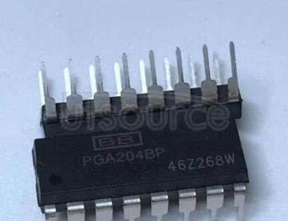 PGA204BP The PGA204 and PGA205 are low cost, general purpose programmable-gain instrumentation amplifiers offering excellent accuracy. Gains are digitally selected: PGA204—1, 10, 100, 1000, and PGA205—1, 2, 4, 8V/V. The precision and versatility, and low cost of the PGA204 and PGA205 make them ideal for a wide range of applications.
Gain is selected by two TTL or CMOS-compatible address lines, A0 and A1. Internal input protection can withstand up to ±40V on the analog inputs without damage.
The PGA204 and PGA205 are laser trimmed for very low offset voltage (50μV), drift (0.25μV/°C) and high common-mode rejection (115dB at G=1000). They operate with power supplies as low as ±4.5V, allowing use in battery operated systems. Quiescent current is 5mA.
The PGA204 and PGA205 are available in 16-pin plastic DIP, and SOL-16 surface-mount packages, specified for the &3150;40°C to +85°C temperature range.