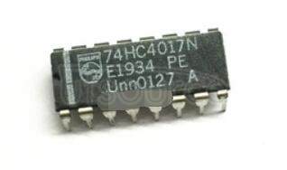74HC4017N Johnson decade counter with 10 decoded outputs - Description: Johnson Decade Counter with 10 Decoded Outputs <br/> Fmax: 83 MHz<br/> Logic switching levels: CMOS <br/> Number of pins: 16 <br/> Output drive capability: +/- 5.2 mA <br/> Power dissipation considerations: Low Power or Battery Applications <br/> Propagation delay: 18@5V ns<br/> Voltage: 2.0-6.0 V