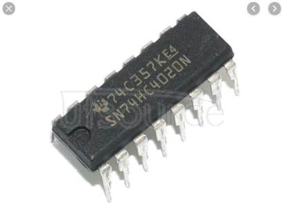 74HC4020N 14-stage binary ripple counter - Description: 14-Stage Binary Ripple Counter ; Fmax: 109 MHz; Logic switching levels: CMOS ; Number of pins: 16 ; Output drive capability: +/- 5.2 mA ; Power dissipation considerations: Low Power or Battery Applications ; Propagation delay: 11@5V ns; Voltage: 2.0-6.0 V