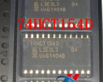 74HCT154D,653 4-to-16 line decoder/demultiplexer - Description: 4-to-16 Line Decoder/Demultiplexer<br/> TTL Enabled <br/> Logic switching levels: TTL <br/> Number of pins: 24 <br/> Output drive capability: +/- 4 mA <br/> Power dissipation considerations: Low Power <br/> Propagation delay: 13 ns<br/> Voltage: 4.5-5.5V<br/> Package: SOT137-1 SO24<br/> Container: Reel Pack, SMD, 13&quot;, CECC