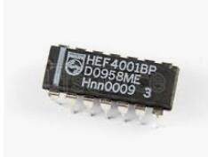 HEF4001BP,652 Quad 2-input NOR gate - Description: Quad 2-Input NOR Gate <br/> Logic switching levels: CMOS <br/> Number of pins: 14 <br/> Output drive capability: +/- 2.4 mA @ 15 V <br/> Power dissipation considerations: Low Power or Automotive Applications <br/> Propagation delay: 20@15V ns<br/> Voltage: 4.5-15.5 V<br/> Package: SOT27-1 DIP14<br/> Container: Bulk Pack, CECC