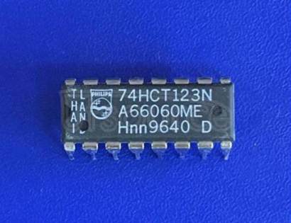 74HCT123N Dual retriggerable monostable multivibrator with reset - Description: Dual Retriggerable Monostable Multivibrator with Reset<br/> Triggerable via Reset Input<br/> TTL Enabled <br/> Logic switching levels: TTL <br/> Number of pins: 16 <br/> Output drive capability: +/- 4 mA <br/> Power dissipation considerations: Low Power <br/> Propagation delay: 26 ns<br/> Voltage: 4.5-5.5V